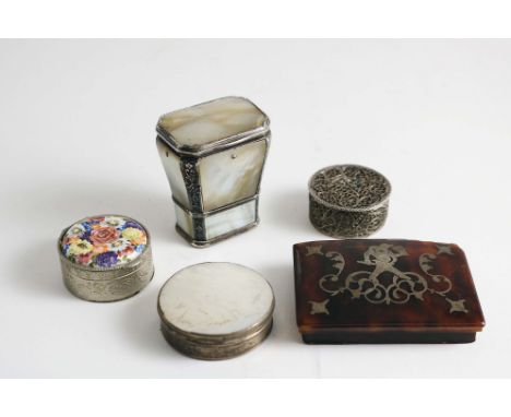 AN 18TH CENTURY MOTHER OF PEARL &amp; SILVER SNUFF BOX with engraved angles, c.1730;  5 cms, a tortoiseshell snuff box with p