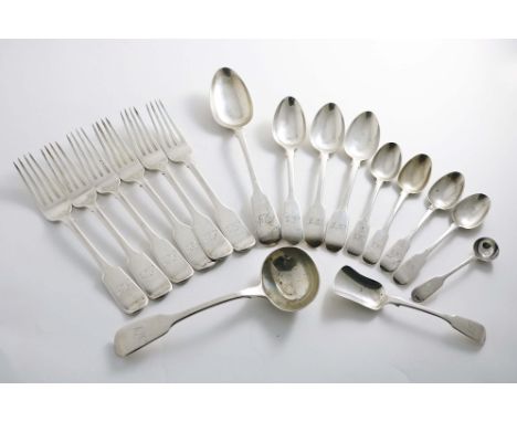 FIDDLE PATTERN:- A set of six Victorian table forks by S. Hayne &amp; D. Cater, London 1843, a table spoon, a sauce ladle, th