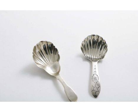 A GEORGE III IRISH BRIGHT-CUT AND STAR CADDY SPOON with a fluted bowl, initialled "P", by Thomas Townsend, Dublin c.1800 (no 