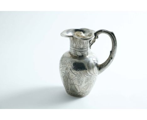 AN EARLY VICTORIAN CREAM JUG based loosely on the design of a classical vessel, with a chased figural scene, vitruvian scroll