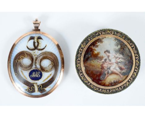 A HAIRWORK PANEL in gilt frame with eglomise reverse, the hair that of Marianne Ellis c.1820; 6,.25 x 5.25 cms with outer cas