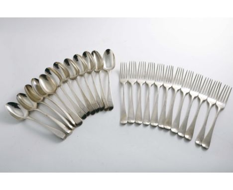 A SET OF TWELVE GEORGE III OLD ENGLISH PATTERN DESSERT SPOONS  and a set of eleven Hanoverian pattern dessert forks, all cres