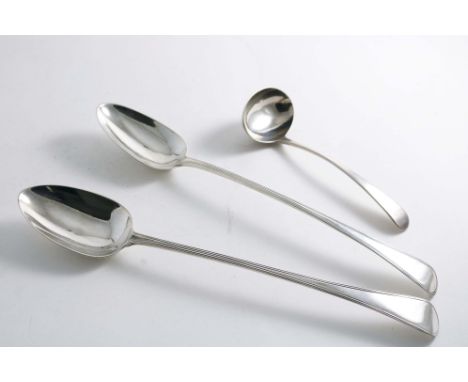 A PAIR OF GEORGE III OLD ENGLISH THREAD PATTERN BASTING SPOONS by Richard Crossley, London 1791 and an Old English pattern sa