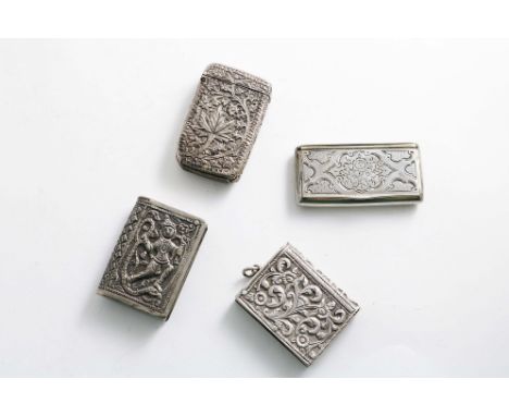 A LATE 19TH CENTURY DUTCH VESTA CASE/SNUFF BOX with reserves of engine-turning and engraving and three Indian vesta cases; th
