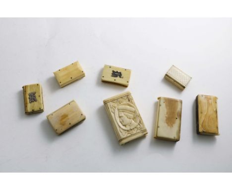 A LATE 19TH CENTURY CARVED IVORY VESTA CASE with a portrait on each side and seven other bone/ivory vesta cases, mostly Frenc