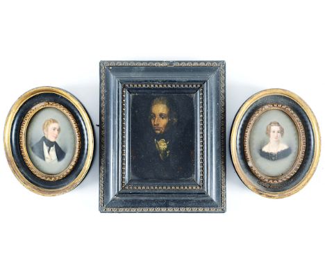 A MINIATURE PORTRAIT of a lady and gentleman, each bust length with grey background, on porcelain; 8 x 6 cms, and an oil port