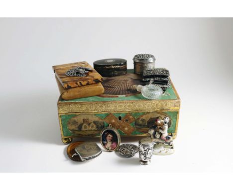 A GROUP OF OBJETS D'ART including a tortoiseshell and silver pique snuff box c.1800, a porcelain scent bottle, a pierced silv