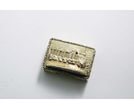 A VICTORIAN SILVERGILT "CASTLETOP" VINAIGRETTE rectangular with engine-turned decoration, a serpentine thumb pieces and an un