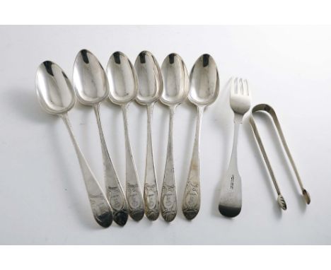 IRISH FLATWARE:- A matched set of six George III Irish table spoons with Feather-edging and a chased cartouche on the termina