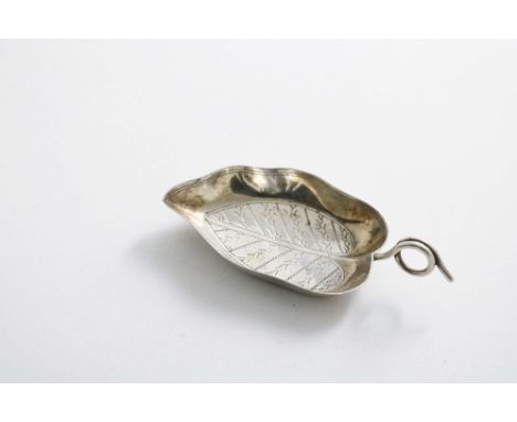 A GEORGE III LEAF CADDY SPOON with engraved veins, a deep-sided bowl and a coiled tendril handle, by Joseph Wilmore, Birmingh