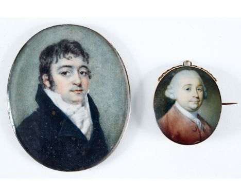 ENGLISH SCHOOL c.1780:- A miniature portrait of a gentleman wearing red jacket, on ivory;  3.75 x 3.25 cms in gold bracelet m