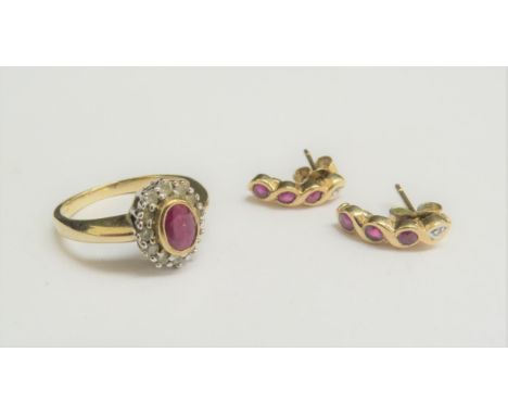 A 9ct gold diamond and ruby cluster ring, size L, 3.2g and a pair of ruby and diamond chip earrings stamped 375, 1.9g 