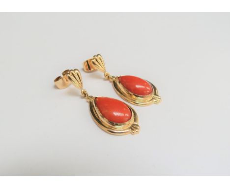 A pair of bespoke made pear shaped coral drop earrings, 18ct gold, 4cm long, 10g 