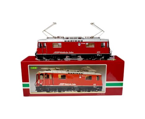 A boxed Lehman LGB (2043) G scale railway Rhatische Bahn Bo-Bo pantograph electric locomotive, 622, in red and silver livery.