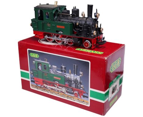A boxed Lehman LGB (2074) G scale railway DEV 2-6-0T locomotive, Spreewald, in black and green livery. Condition - good, evid