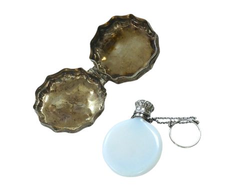 A late Victorian white metal mounted opaline glass R &amp; B Cooper patent moon shaped scent bottle, 57mm, with suspension ch