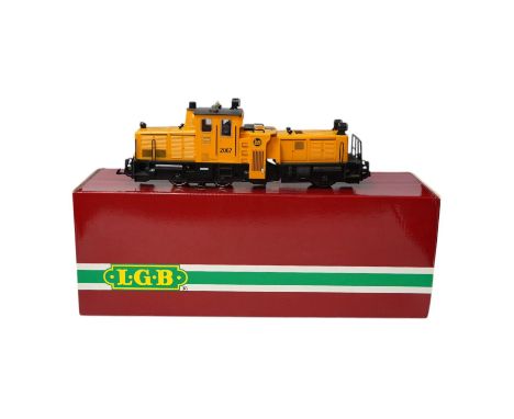 A boxed Lehman LGB (2067) G scale railway Schoema diesel rail cleaning locomotive, 2067, in yellow livery. Condition - good, 