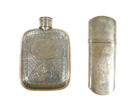 A Victorian silver pocket flask with cup base, maker George Unite, Birmingham 1865, gross 5 oz, and an unmarked Victorian whi