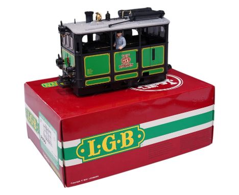 A boxed Lehman LGB (2150) G scale railway 0-4-0 steam tramcar locomotive, 13, in green and black livery. Condition - good, ev