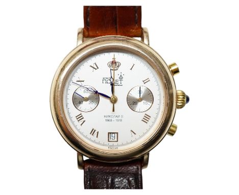 A gentleman's 1990's 14k Poljot International manual wind wrist watch, with Roman dial, date aperture and two subsidiary dial
