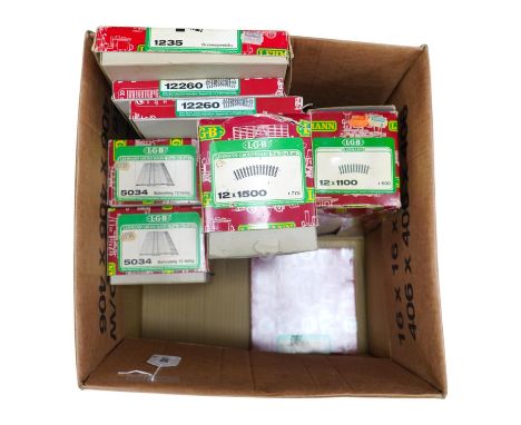 Seven boxes of Lehmann LGB G scale railway track sections, etc; two boxes of curved track sections (1500 and 1100), two Bahns