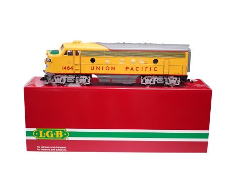 A boxed Lehman LGB (23570) G scale railway Union Pacific Bo-Bo diesel locomotive, 1464, in grey and yellow livery. Condition 