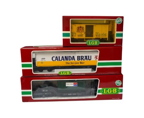 Three boxed Lehmann LGB G scale rolling stock; a bogie well wagon with transformer load (4058), A bogie beer box van (40570),