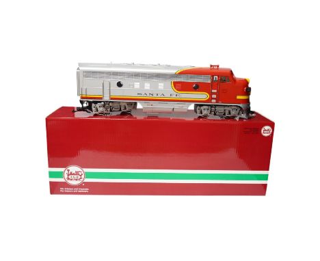 A boxed Lehman LGB (20570) G scale railway Santa Fe Bo-Bo diesel locomotive, 329, in red and silver livery. Condition - good,