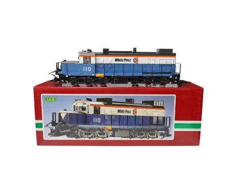 A boxed Lehman LGB (2055) G scale railway White Pass Co-Co diesel locomotive, 110, in blue and white livery. Condition - good