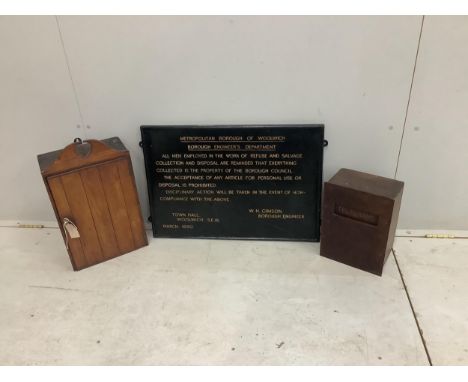 A vintage telegrams box, a small wall cabinet, height 52cm and a Metropolitan Borough of Woolwich engineer's department sign,