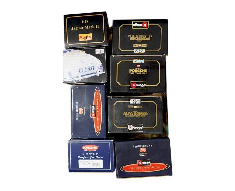 Eight boxed 1:18 scale diecast cars by Bburago, Maisto, etc. including; a Mercedes-Benz 300 SL, an Alpha Romeo 8C 2300 Monza,