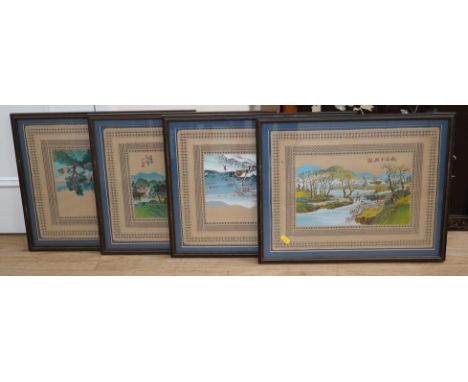 Chinese school, set of four watercolour and gouaches on punched leather, The Four Seasons, signed with character marks and re