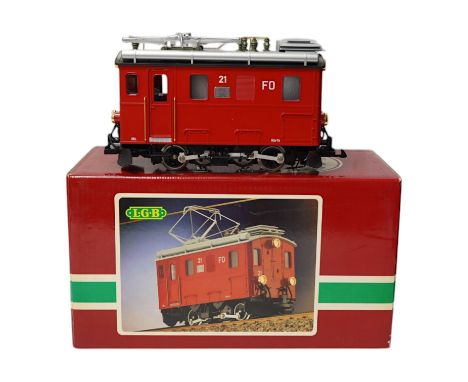 A boxed Lehman LGB (2046) G scale railway FO electric pantograph locomotive, 21, in red livery. Condition - good, evidence of