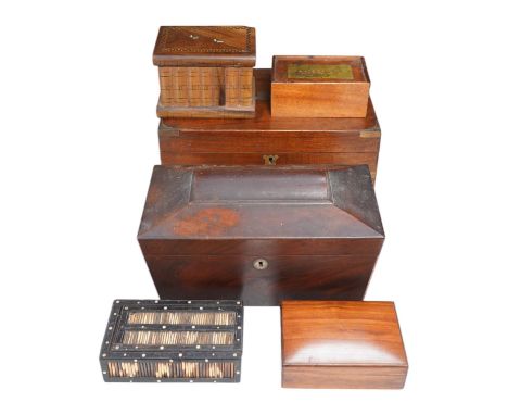 Six 19th century and later boxes to include a writing box, tea caddy, quill box and a jewellery box in the form of books with