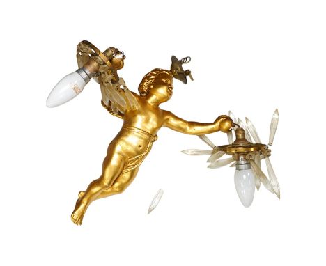 A gilt plaster hanging ‘cherub’ light fitting, 33cm long. Condition - fair