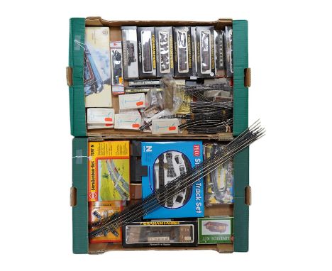 A collection of N gauge railway by Graham Farish, Peco, Bachmann, etc. including three boxed locomotives; a Bachmann Norfolk 