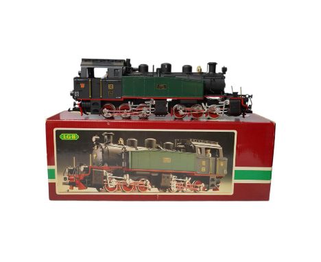 A boxed Lehman LGB (2085) G scale railway Mallet 0-6-6-0T locomotive, 104, in green livery. Condition - good, evidence of ver