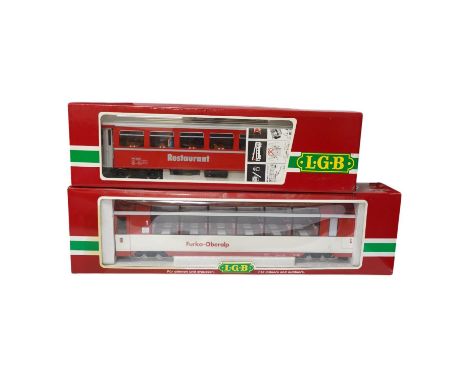 Two boxed Lehmann LGB G scale Continental bogie coaches; a Furka-Oberalp dining observation car (30660) and an RhB restaurant