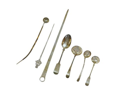 A George III silver skewer, maker's Peter, Anne and William Bateman, London 1805, 38cm, three George III and later silver sif