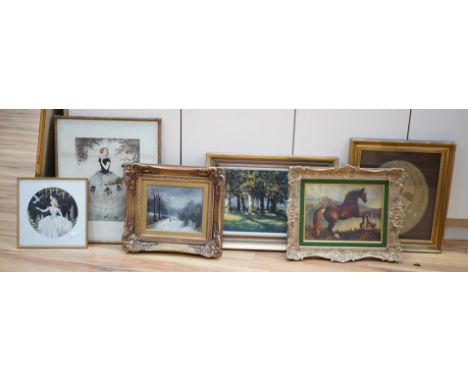 Collection of watercolours and oils to include Patricia Prentice (1923 - 2006), Rural landscapes, 19th century style oil on b