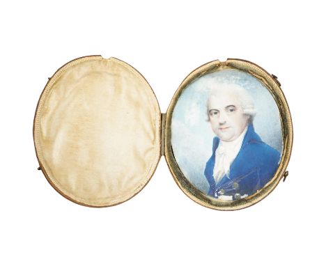 18th century, English School, oil on ivory, Portrait miniature of a gentleman wearing a blue frock coat, 7 x 6cm, housed in o