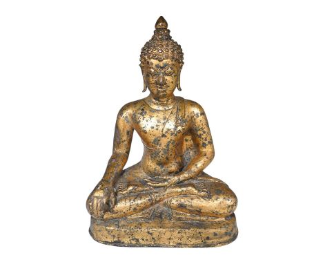 A Chinese gilt bronze figure of seated Buddha, 33cm high. Condition - fair, some holes