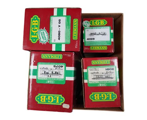 Four boxed Lehmann LGB G scale bogie rolling stock; a tanker (4080-Y 05), a car transporter (4159), And two Denver and Rio Gr