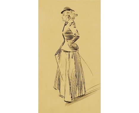 Phil May (1864-1903), pen and ink, Sketch of a lady in a riding habit, Abbott &amp; Holder label, 26 x 20cm, unframed. Good c