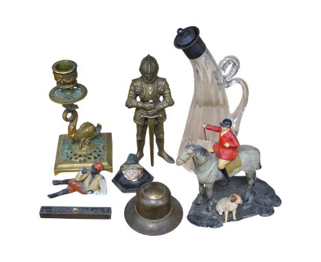A group of spelter and other metalware items including a table lighter, inkwell etc (8). Condition - varies