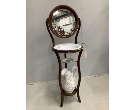 A modern Victorian style stained beech wash stand, with wash jug and basin, width 44cm, height 130cm Condition - good