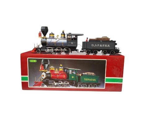 A boxed Lehman LGB (2028 D) G scale railway D.,S.P.&amp;P.R.R. 2-6-0 locomotive, 71, in silver blue and black livery. Conditi