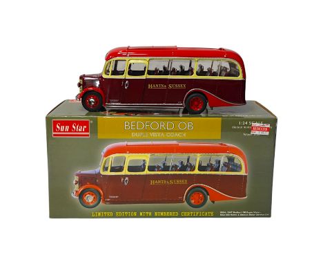 A boxed SunStar 1:24 scale Bedford OB Duple Vista coach, in Hants and Sussex delivery, with separate wing mirror and certific