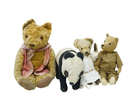 A Panda Invicta bear cotton plush, damage to paw pads, a Merrythought Panda, two other English bears (4). Condition - poor.