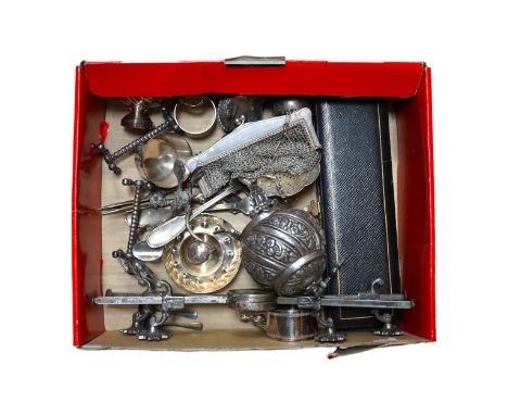 A group of mostly plated wares including a dish stand and grape shears, a white metal box and cover, a Niello decorated white